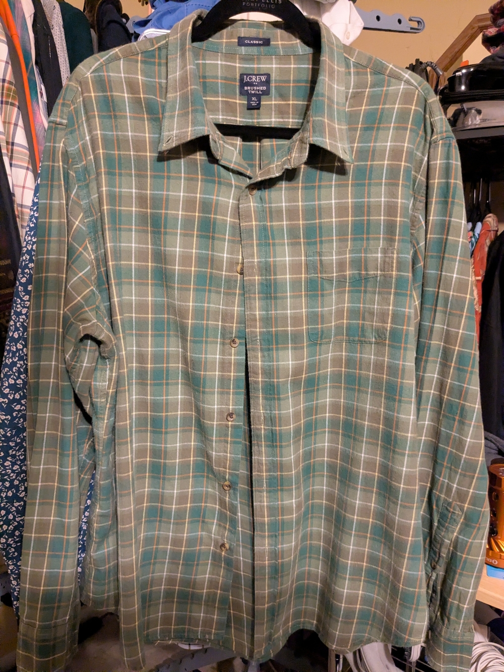 J. Crew Men's XL Green Brushed Twill Shirt with Cream and Blue Accents